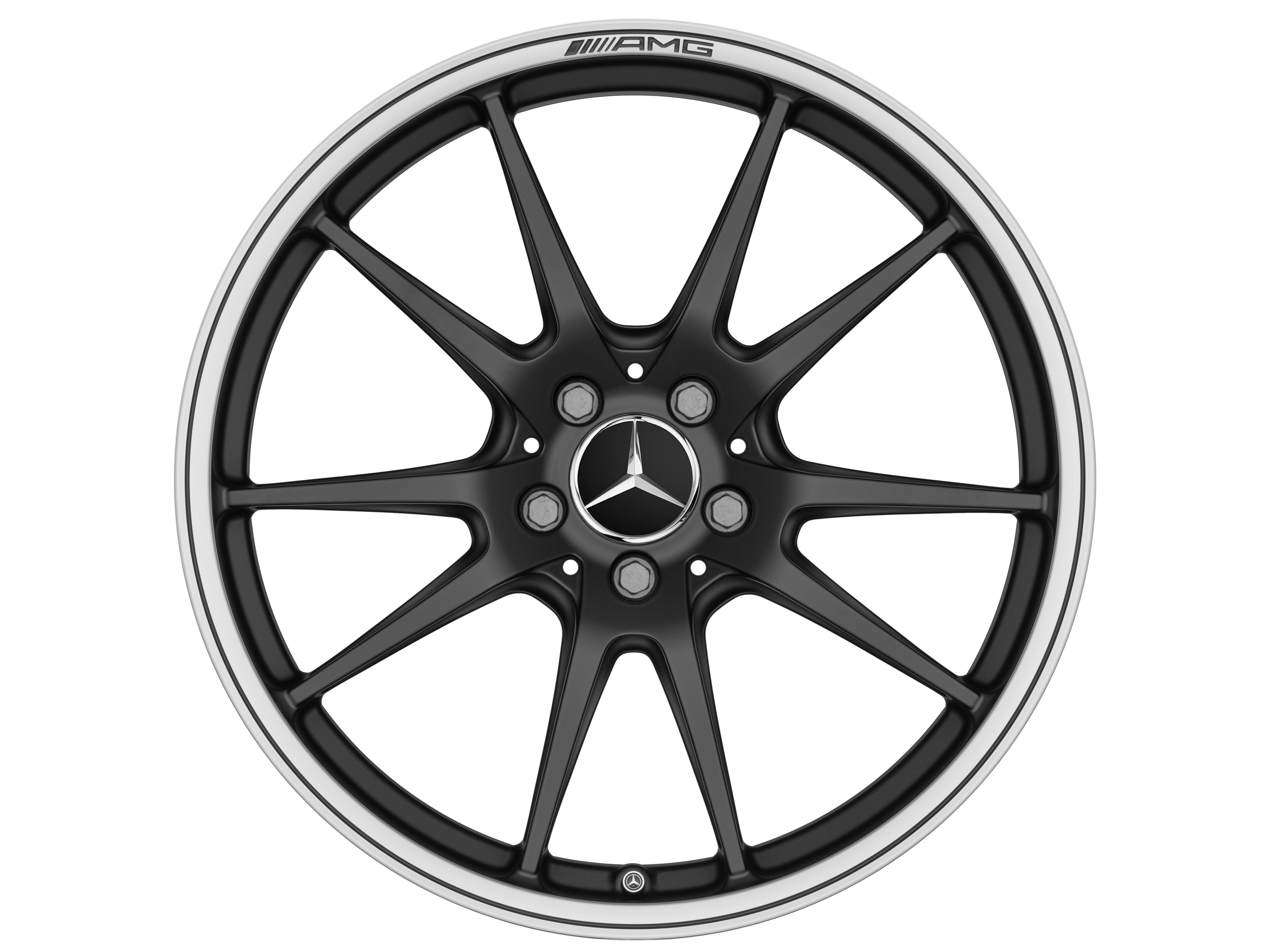 Llanta forjada AMG en diseño de 5 radios dobles, 48,3 cm (19 pulgadas), Pestaña de la llanta diamantada brillante - 9 J x 19 ET 25, negro mate, pulido a alto brillo