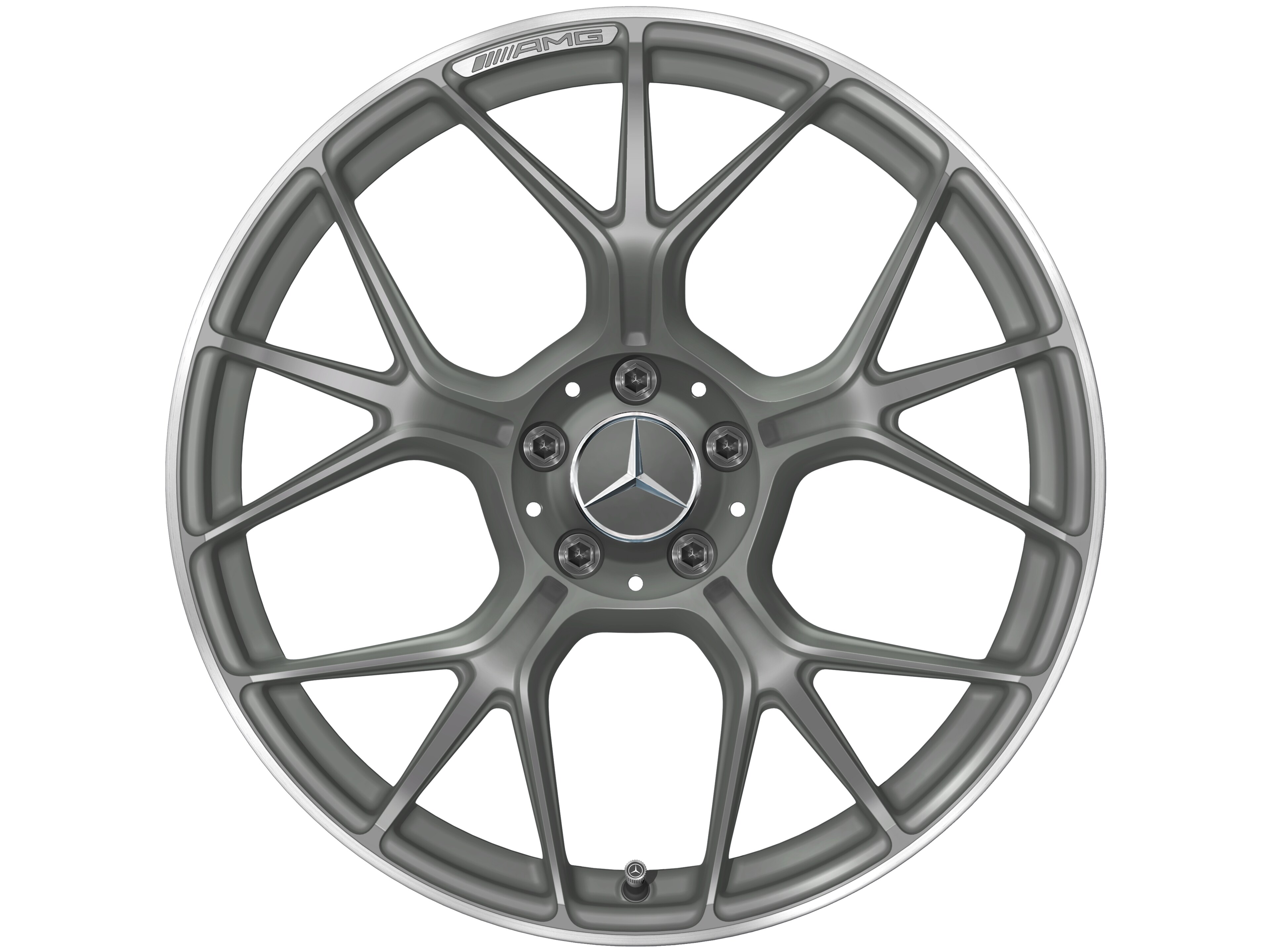 Llanta forjada AMG en diseño de radios cruzados, 50,8 cm (20 pulgadas), Pestaña de la llanta diamantada brillante - 9,5 J x 20 ET 19, gris Himalaya mate, Pestaña de la llanta pulida a alto brillo