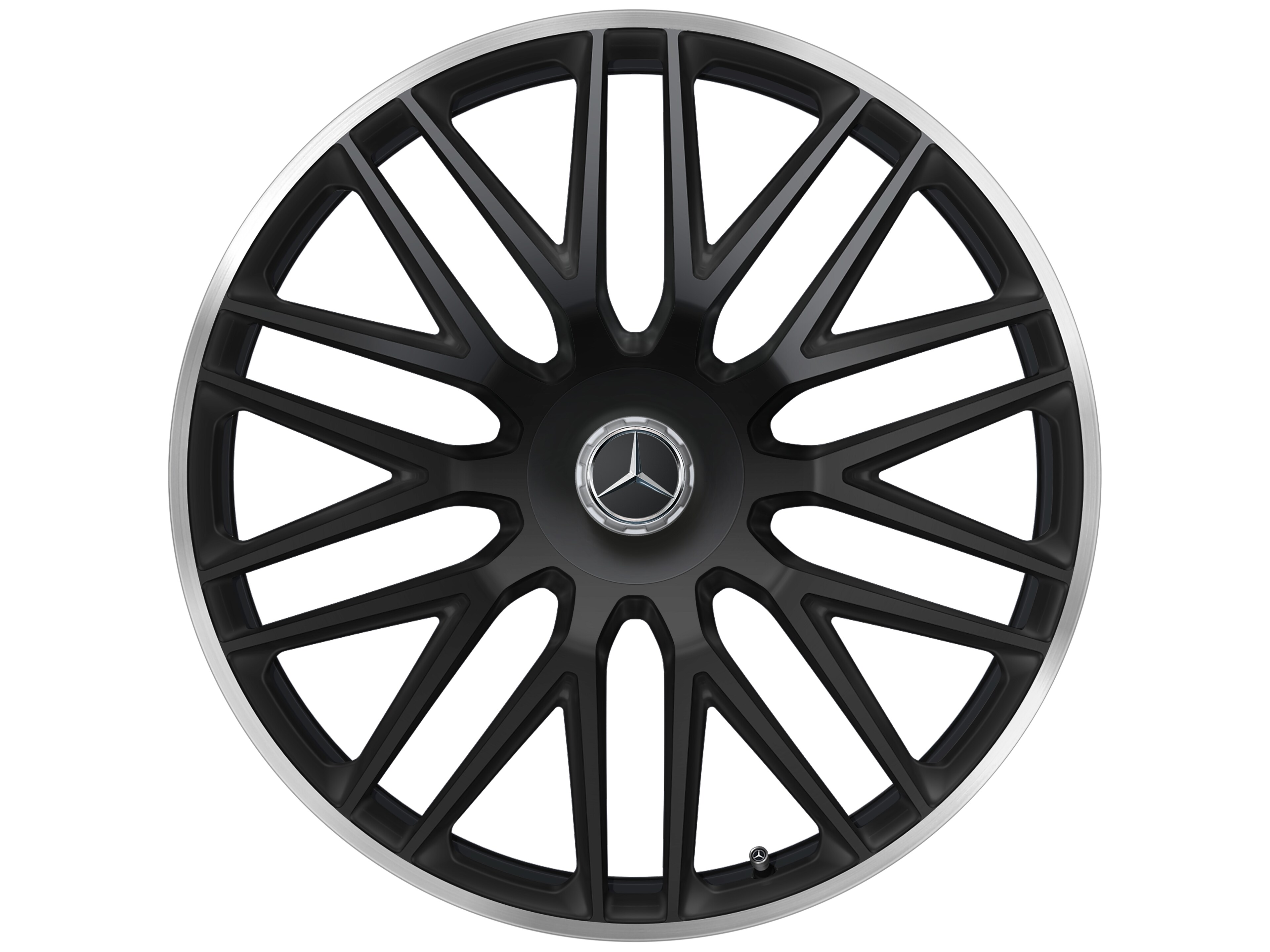 Llanta forjada AMG en diseño multirradio, 58,4 cm (23 pulgadas), Pestaña de la llanta diamantada brillante - 10 J x 23 ET 45, negro mate, Pestaña de la llanta pulida a alto brillo