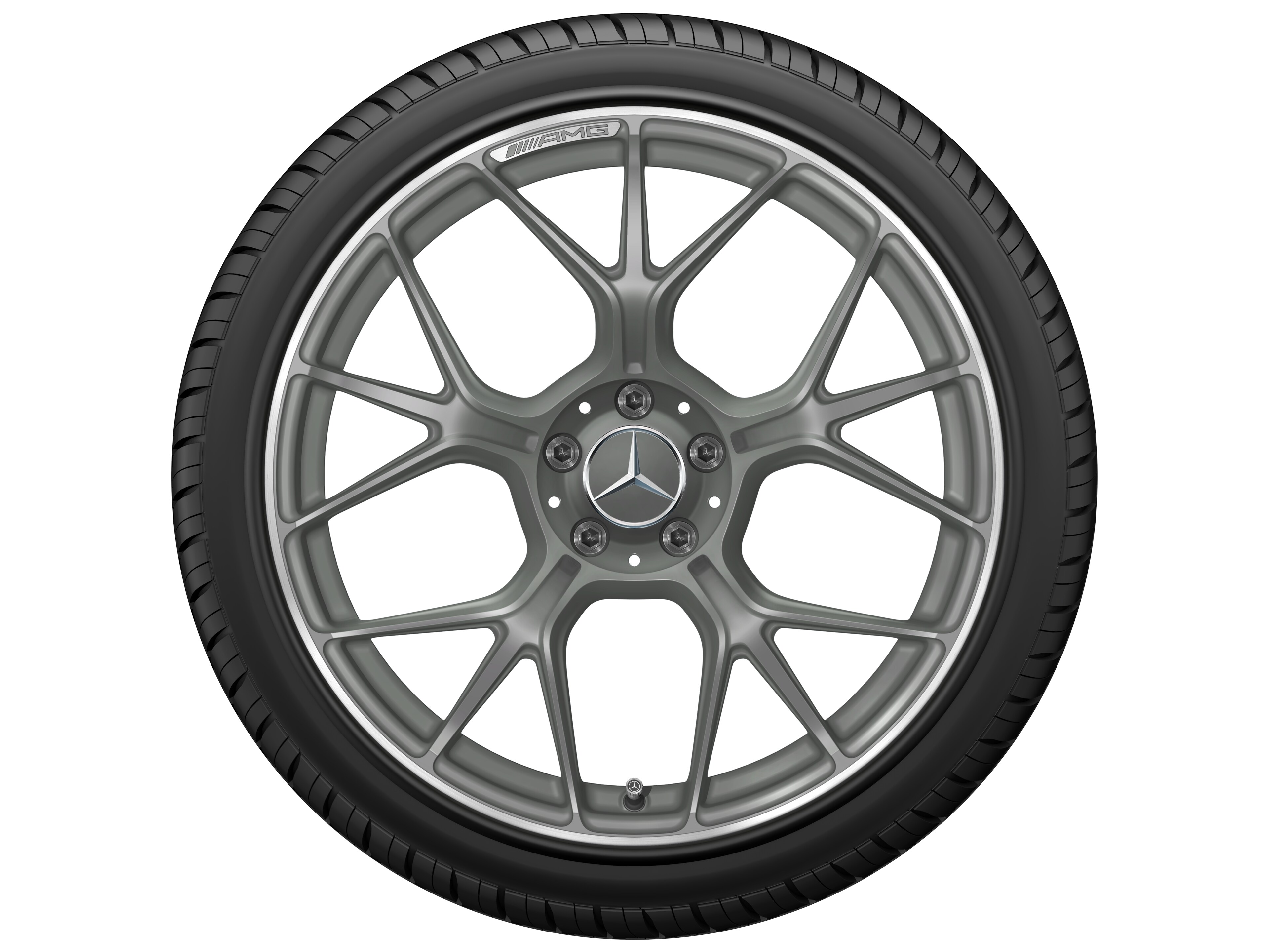 Llanta forjada AMG en diseño de radios cruzados, 50,8 cm (20 pulgadas), Pestaña de la llanta diamantada brillante - 9,5 J x 20 ET 19, gris Himalaya mate, Pestaña de la llanta pulida a alto brillo
