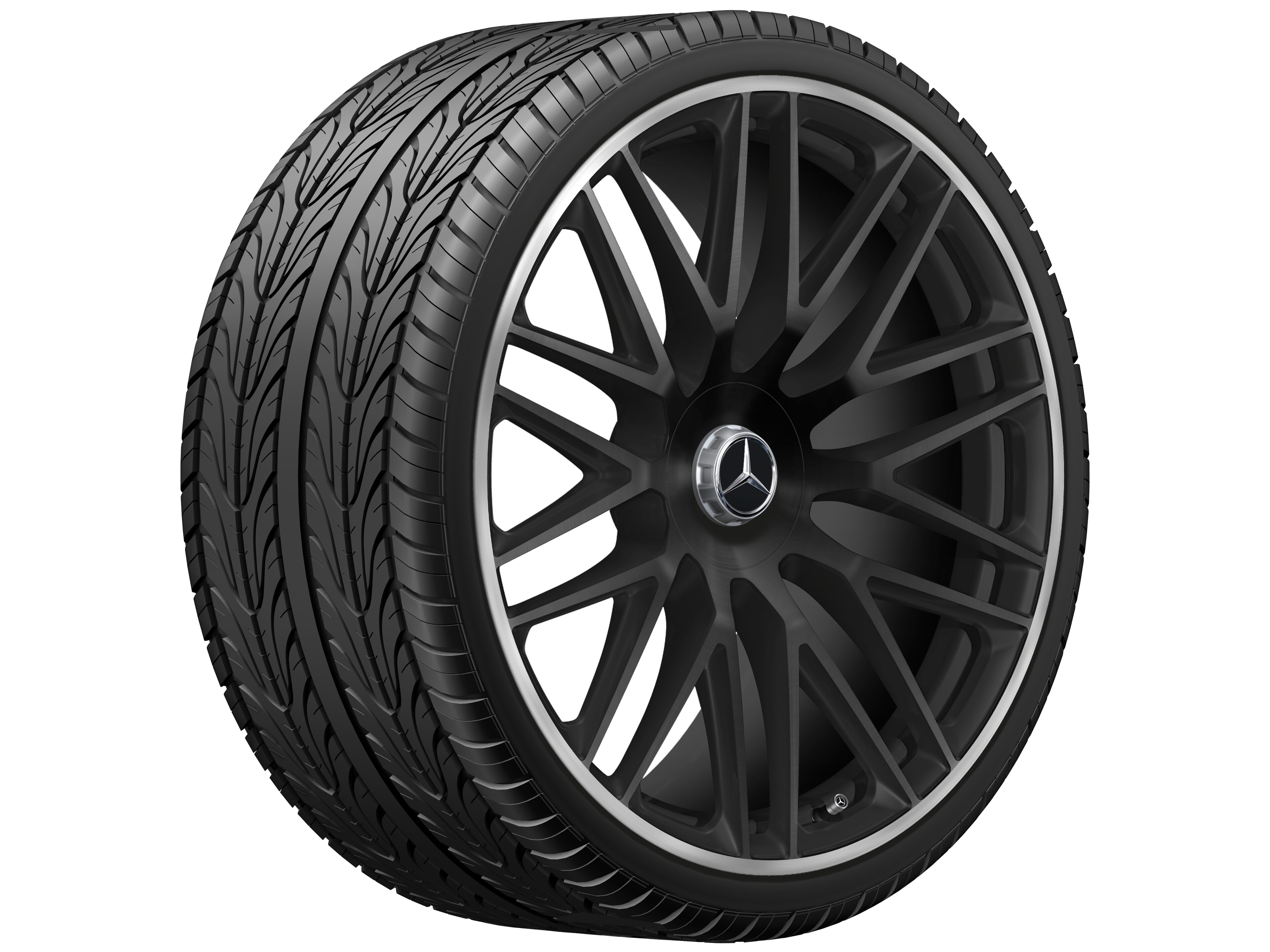 Llanta forjada AMG en diseño multirradio, 58,4 cm (23 pulgadas), Pestaña de la llanta diamantada brillante - 10 J x 23 ET 45, negro mate, Pestaña de la llanta pulida a alto brillo