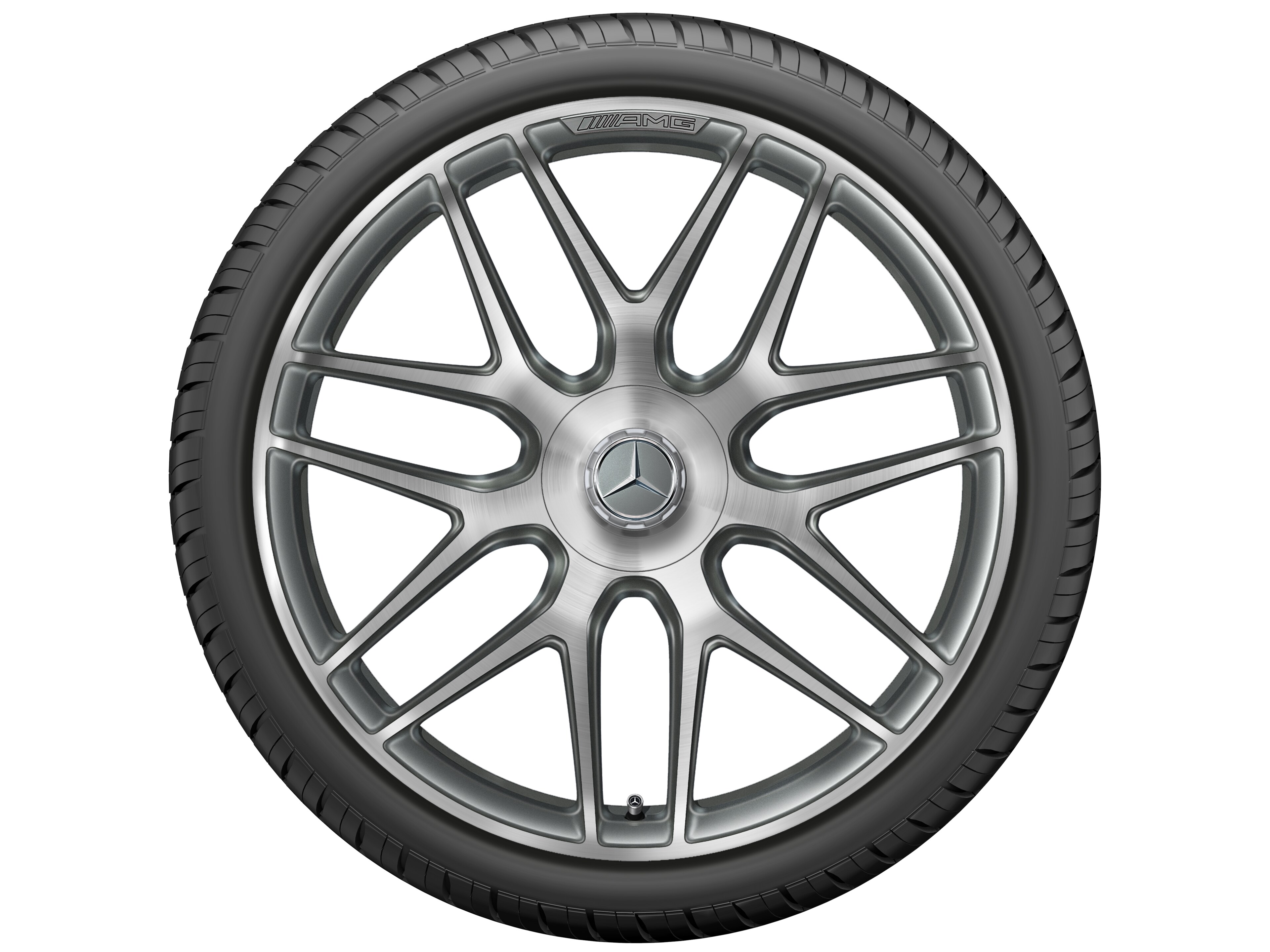 Llanta forjada AMG en diseño de radios cruzados, 55,9 cm (22 pulgadas) - 11,5 J x 22 ET 53, gris titanio, pulido a alto brillo