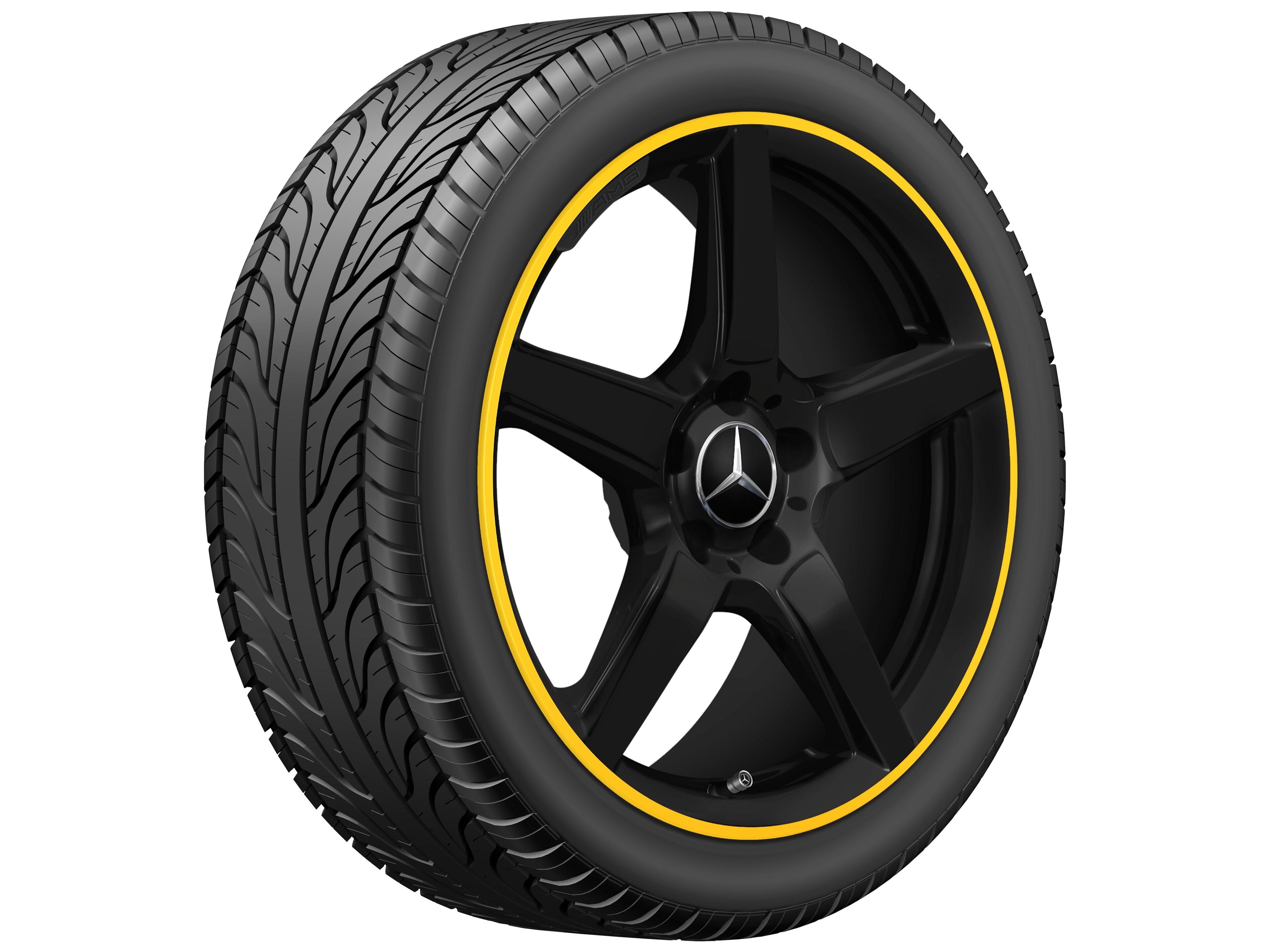 Llanta AMG de 5 radios, 45,7 cm (18 pulgadas), Pestaña de la llanta pintada en amarillo - 8 J x 18 ET 43, negro mate